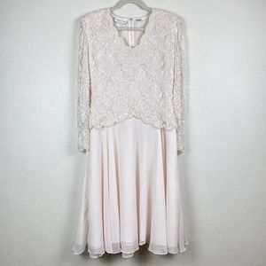 Vintage Lawrence Kazar Pale Pink Ivory Beaded Long Sleeve Formal Dress Sz L